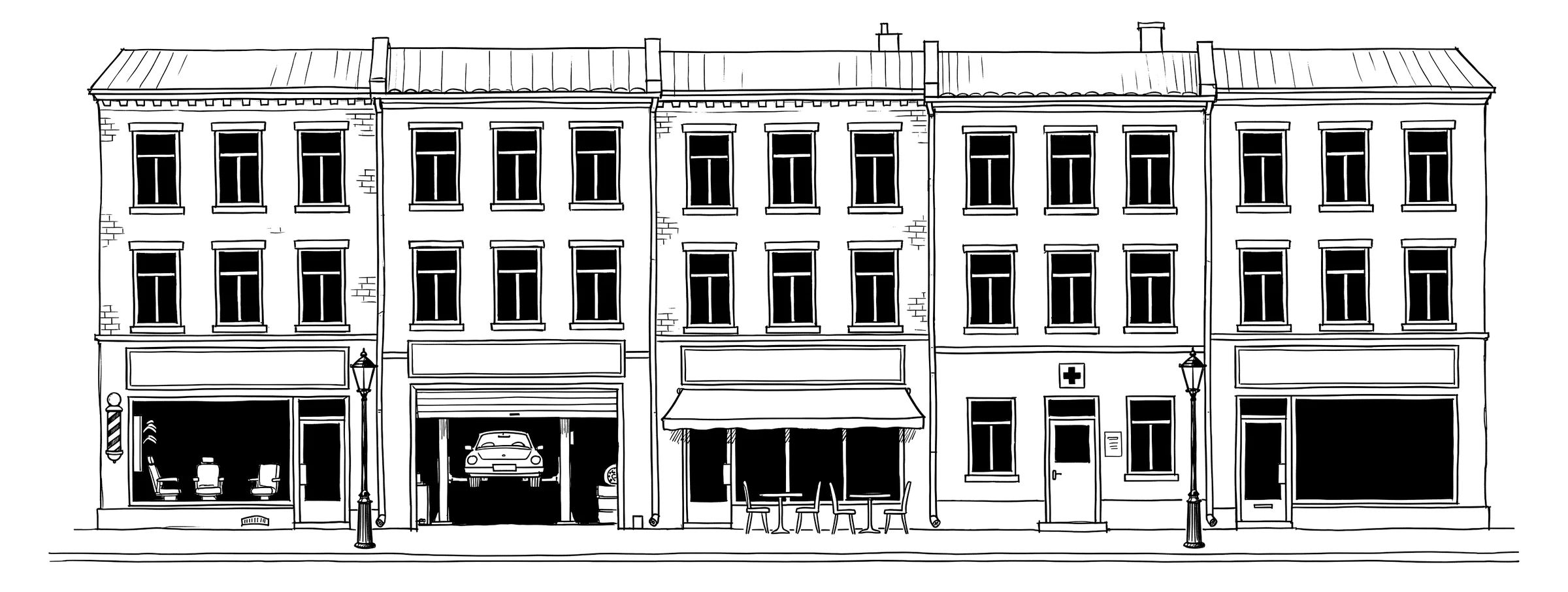 Tegning av en liten gate i Oslo med fem butikker på rad: en frisør, et bilverksted, en restaurant, et legekontor og et tomt lokale.